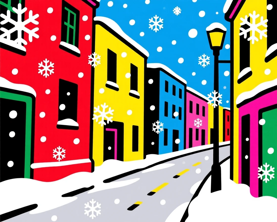 Christmas snowflakes falling on a quiet street