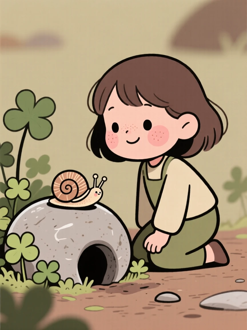 A curious young girl kneels beside a snail on a stone in the backyard patch of clover, watching intently as it disappears into a tiny hole.