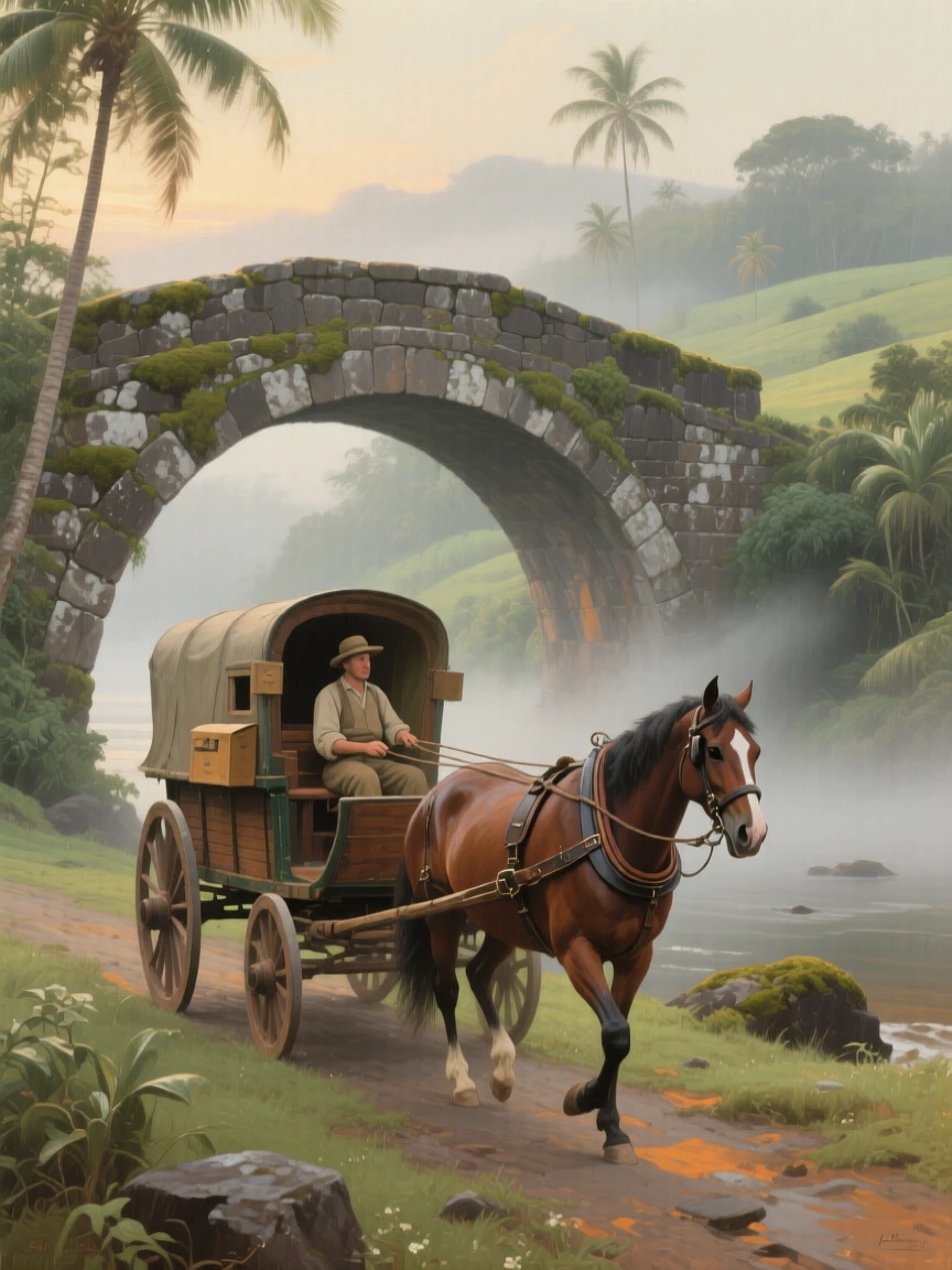 A medium shot of a rural mail carriage crossing a stone bridge in early morning fog, in the 1940s, on a Pacific island.