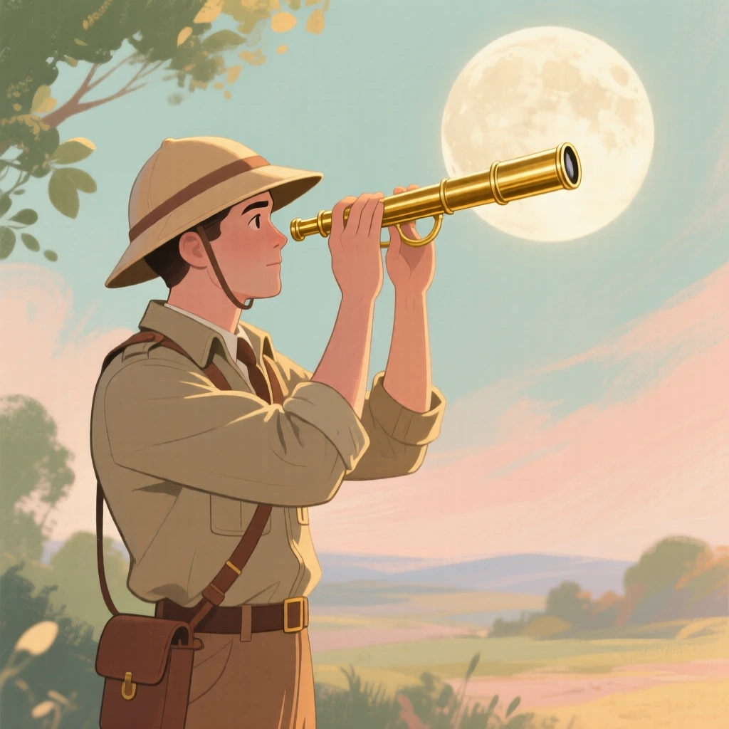 A vintage explorer gazing through a brass telescope at a full moon