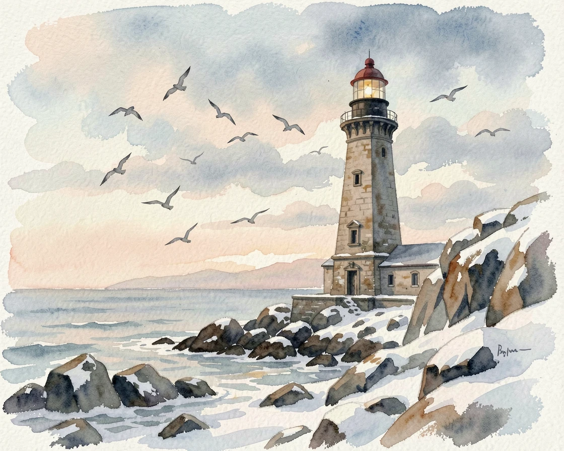 A grand old lighthouse on a rugged coastline during the first snow with birds circling overhead.