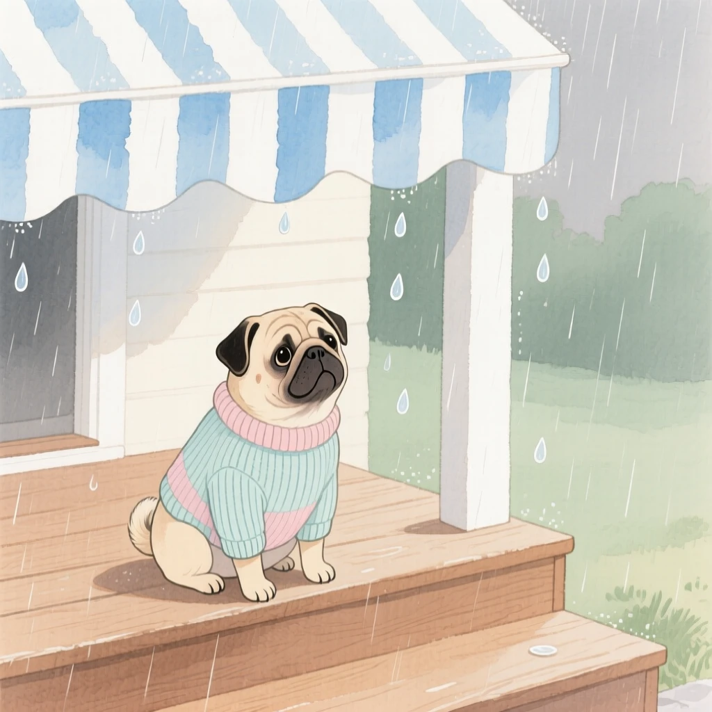 A pug wearing a tiny knitted sweater sits on a porch step, watching rain fall from under a striped awning