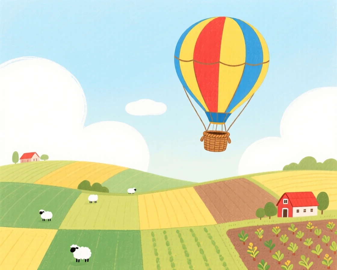 A charming scene of a hot air balloon drifting over a patchwork of farm fields.