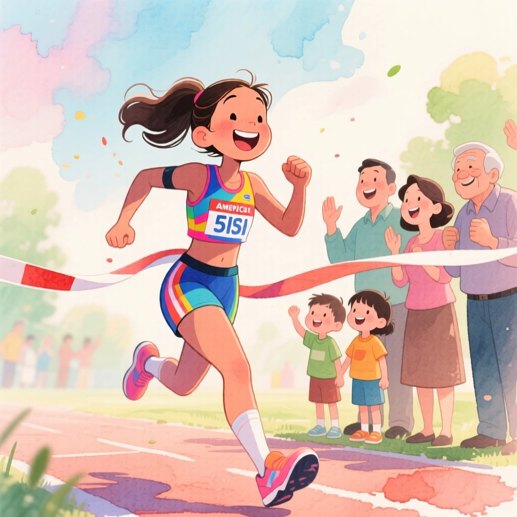 A young athlete crossing the finish line, cheered on by her proud family, set against a softly blurred, dreamy background, radiating kindness, hope, and heartfelt emotion.
