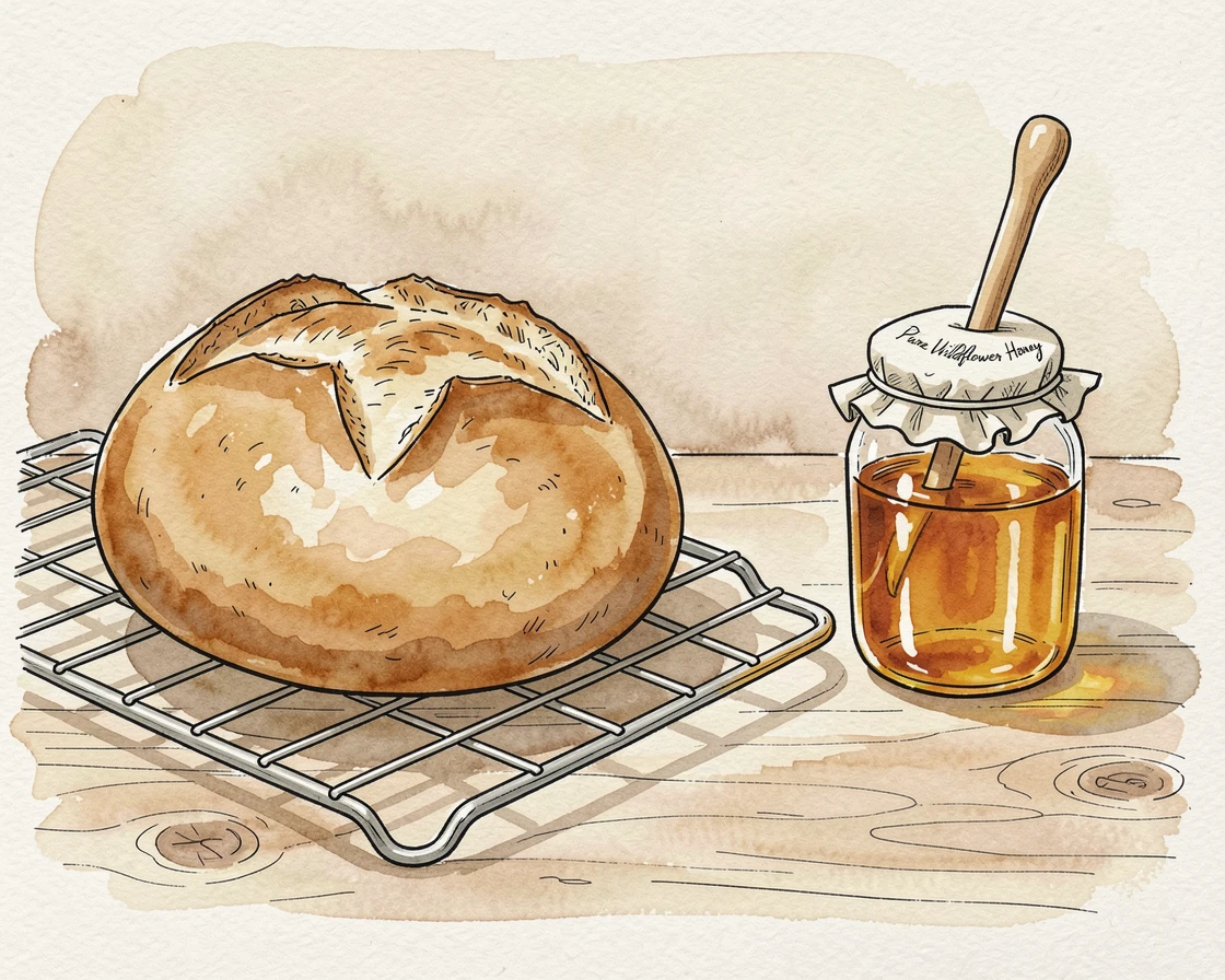 A rustic loaf of sourdough bread cooling on a wire rack beside a jar of honey, a cozy, homemade atmosphere filling the scene.
