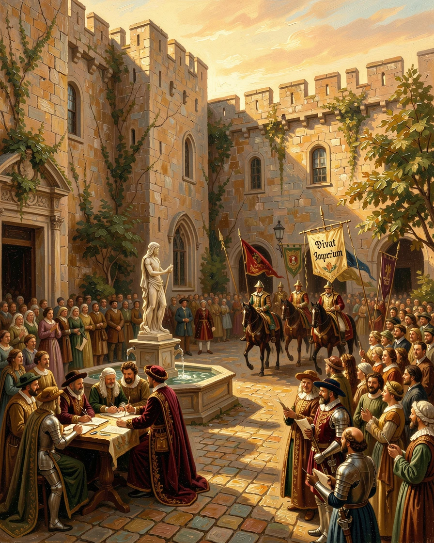 A grand Renaissance courtyard filled with artists and scholars, beneath towering stone city walls, townsfolk gathering to watch a passing procession, at golden hour, light glowing warmly on old stone.