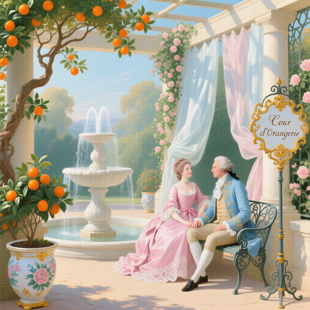 A fountain courtyard where orange trees grow in porcelain planters  