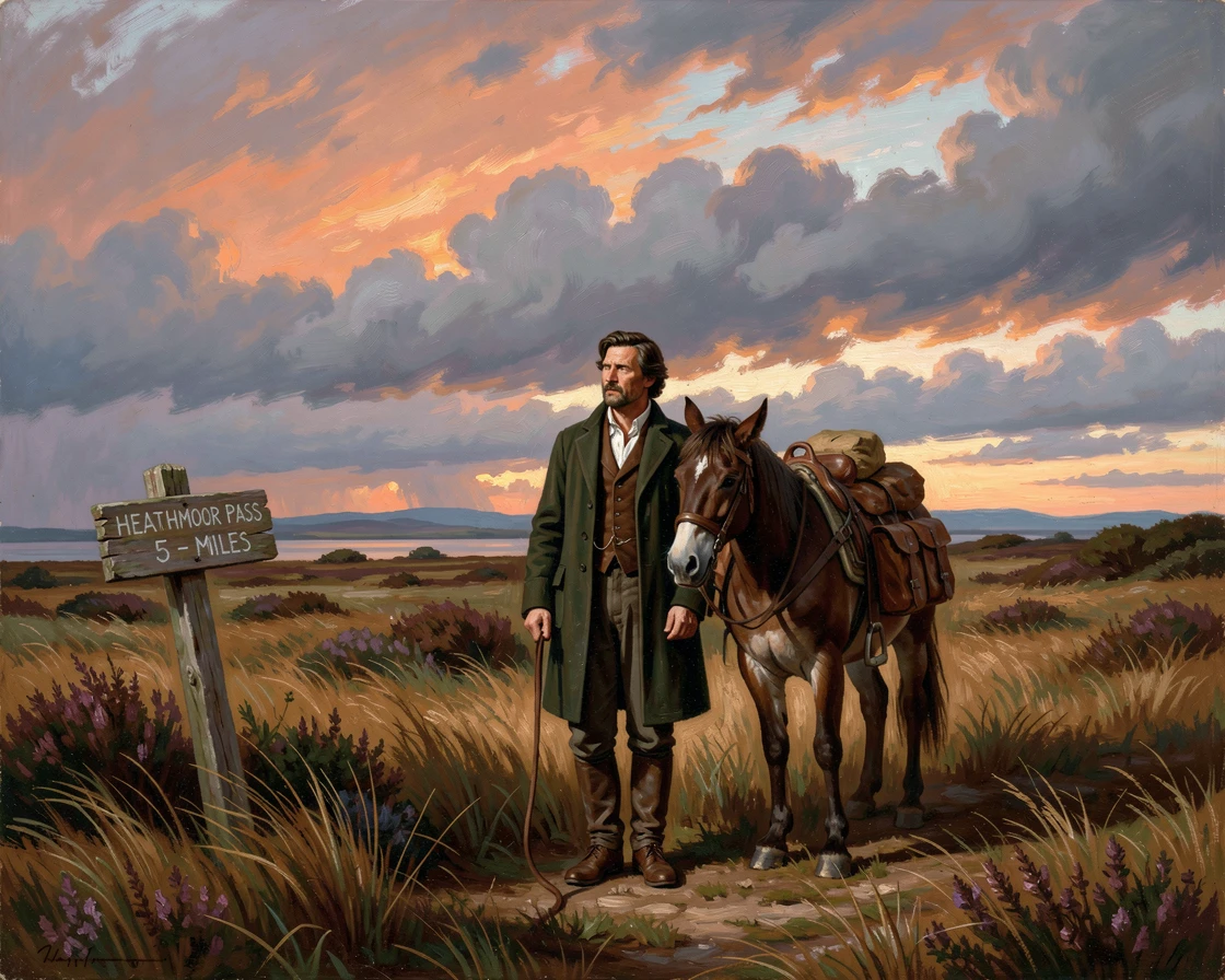 A merchant and his mule pauses beside a windswept moor under heavy clouds beneath a sky streaked with color.