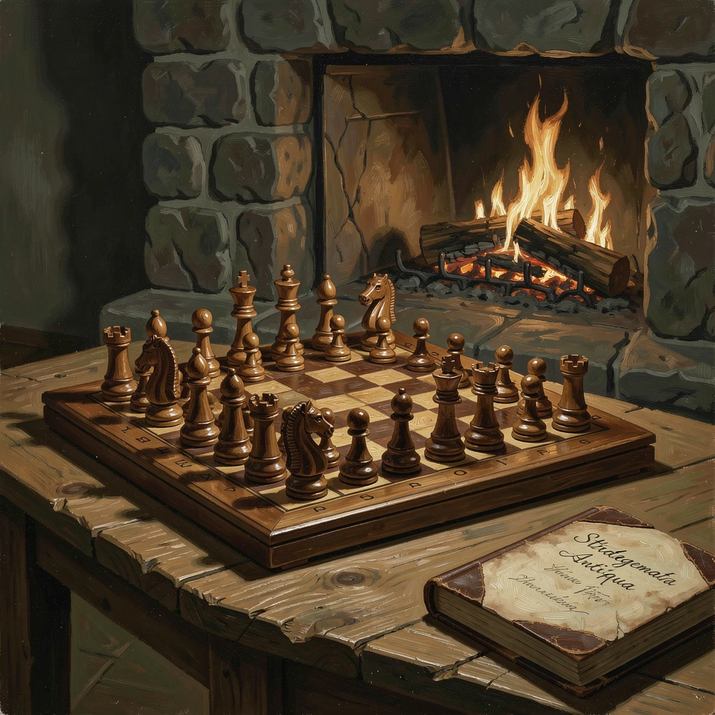 A leather-bound chess set mid-game beside a crackling fireplace, captured with meticulous attention to material and craftsmanship, capturing timeless beauty through carefully chosen objects