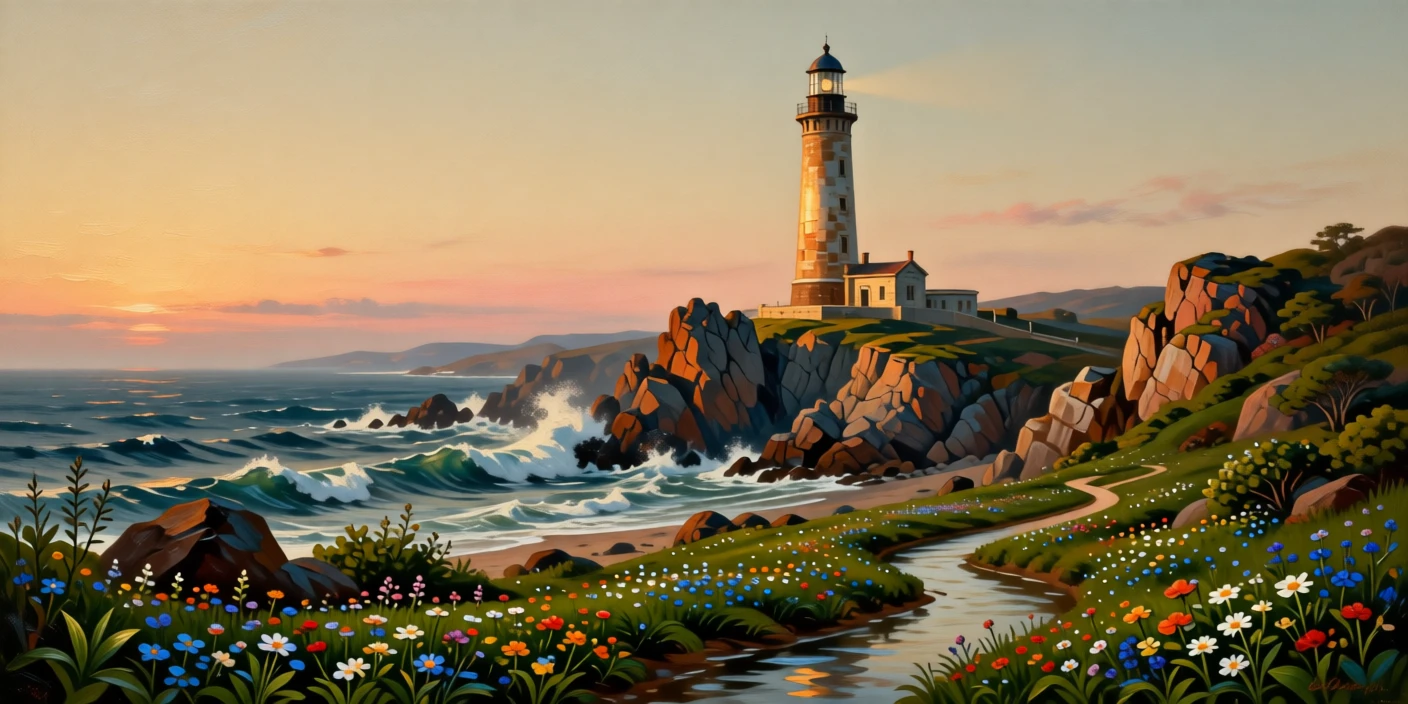 A rugged coastline with a lighthouse standing against crashing surf glowing under the last light of a fading afternoon, set far from any signs of human presence, with wildflowers scattered like scattered jewels across the green; a winding path or river leads the eye deep into the distance, evoking peace, wonder, and quiet renewal.