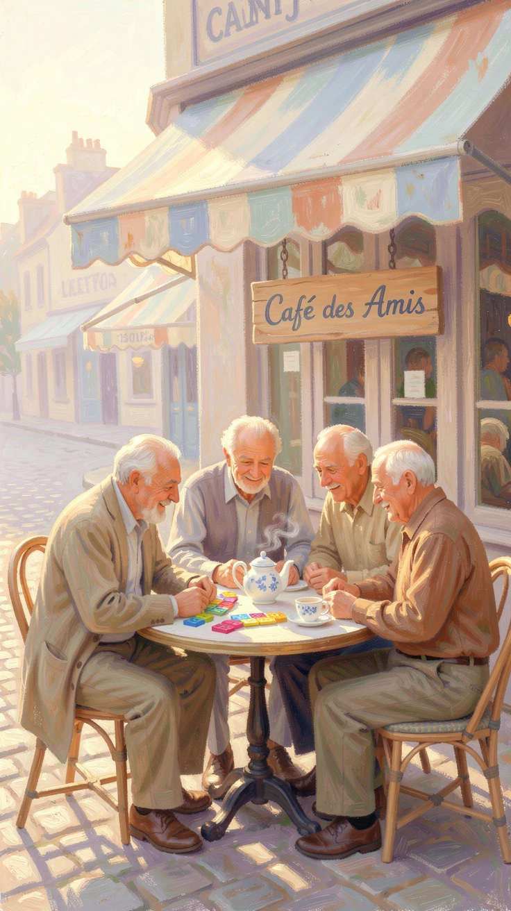 A group of elderly men playing dominoes at a small café table beneath a striped awning, as the first light of dawn breaks, radiating joy and gentle celebration.