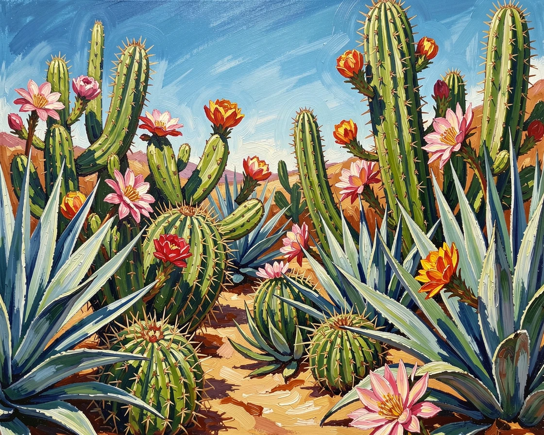 A desert garden of blooming cacti and agave under a clear blue sky.