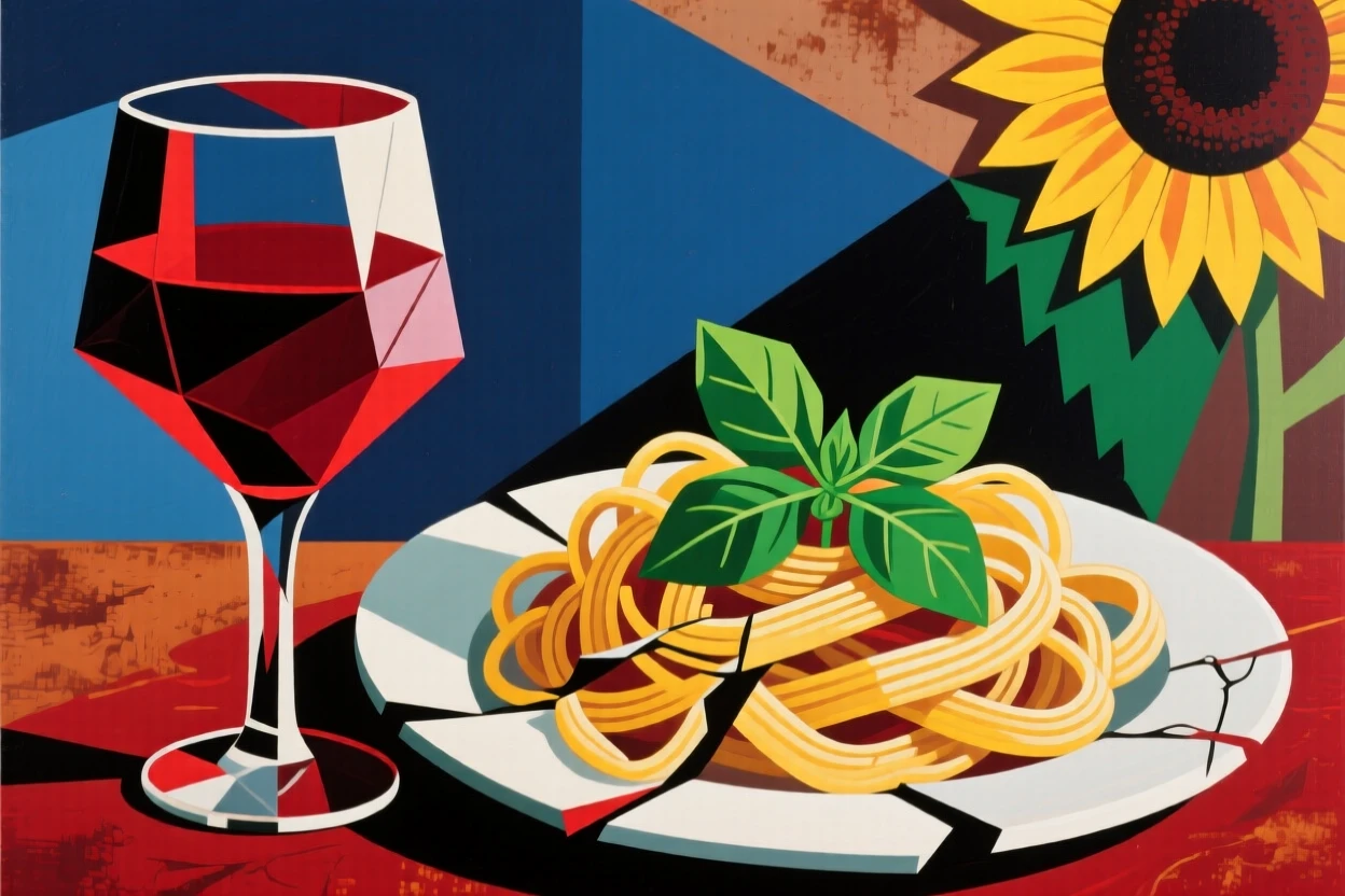 A glass of red wine beside a plate of fresh pasta with basil garnish.