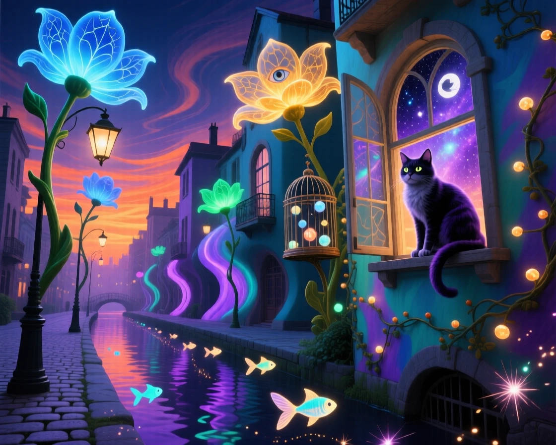 A city street where lampposts bloom like tall glowing flowers hums gently with the quiet rhythm of everyday life, while a cat watches curiously from an open window.