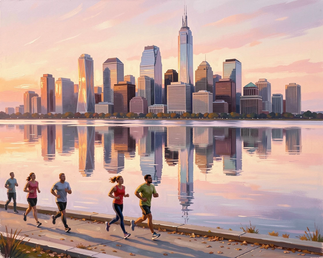 Chicago's skyline reflects perfectly in Lake Michigan at sunrise, morning joggers moving along the lakefront path as the city awakens, the whole scene holding a quiet, unhurried stillness broken only by distant natural sounds.