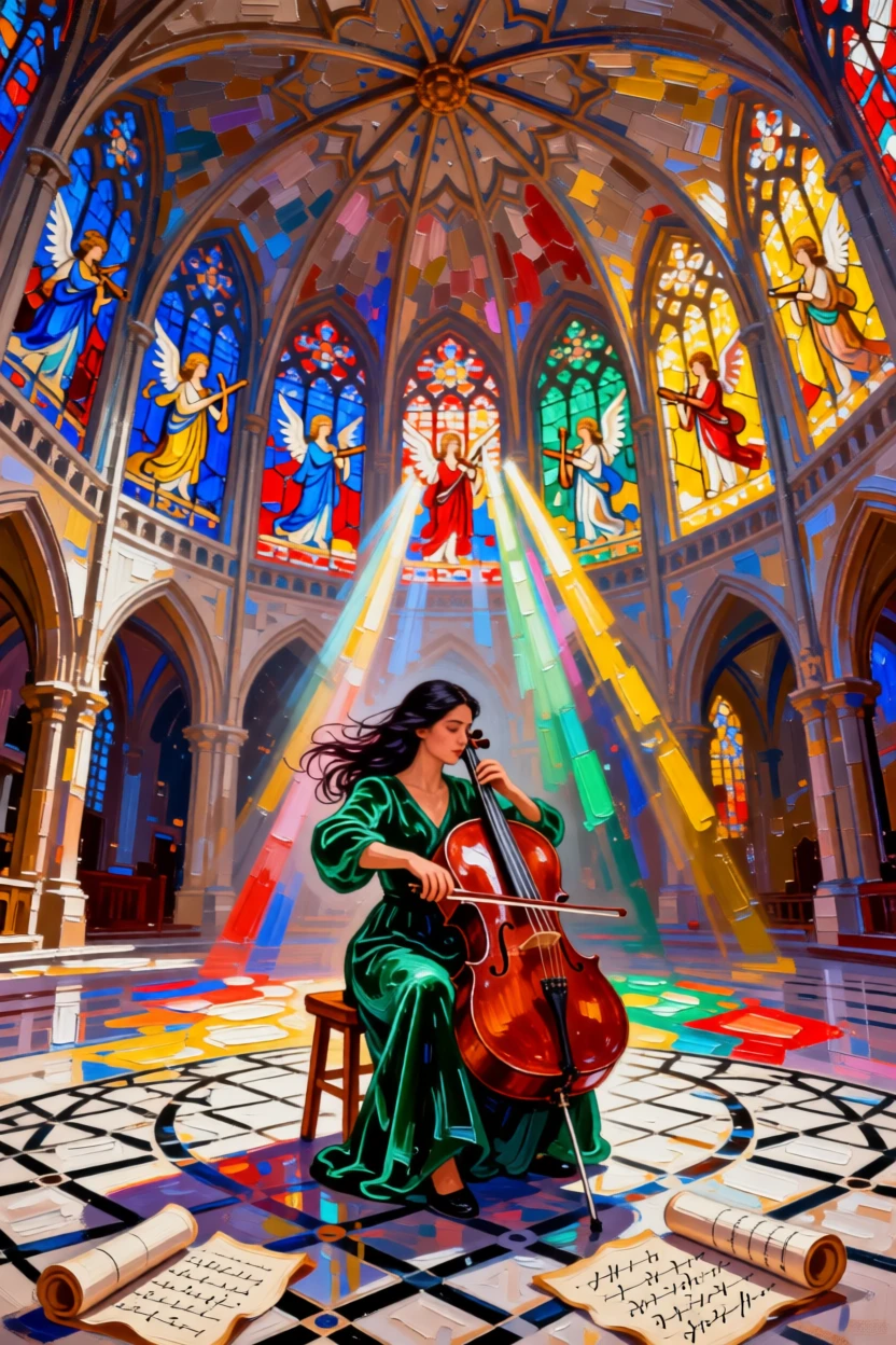 A solo cellist performing beneath a grand cathedral dome, light streaming through stained glass
