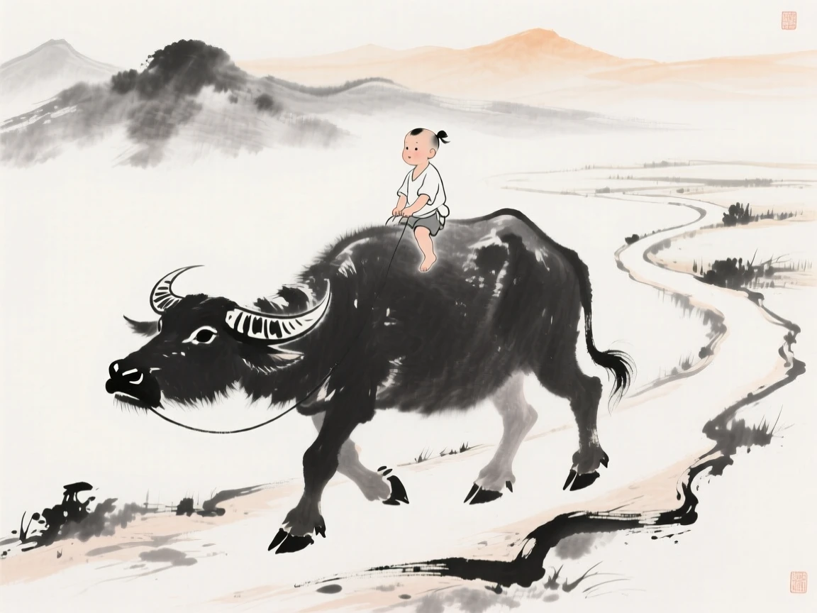 A young child rides on the back of a water buffalo along a country path, with distant mountains softened by afternoon light.