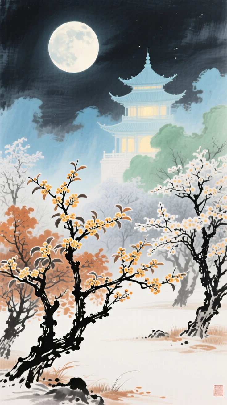 The moon palace glowing softly above a garden of frozen osmanthus trees, brimming with peaceful contentment, in late autumn.