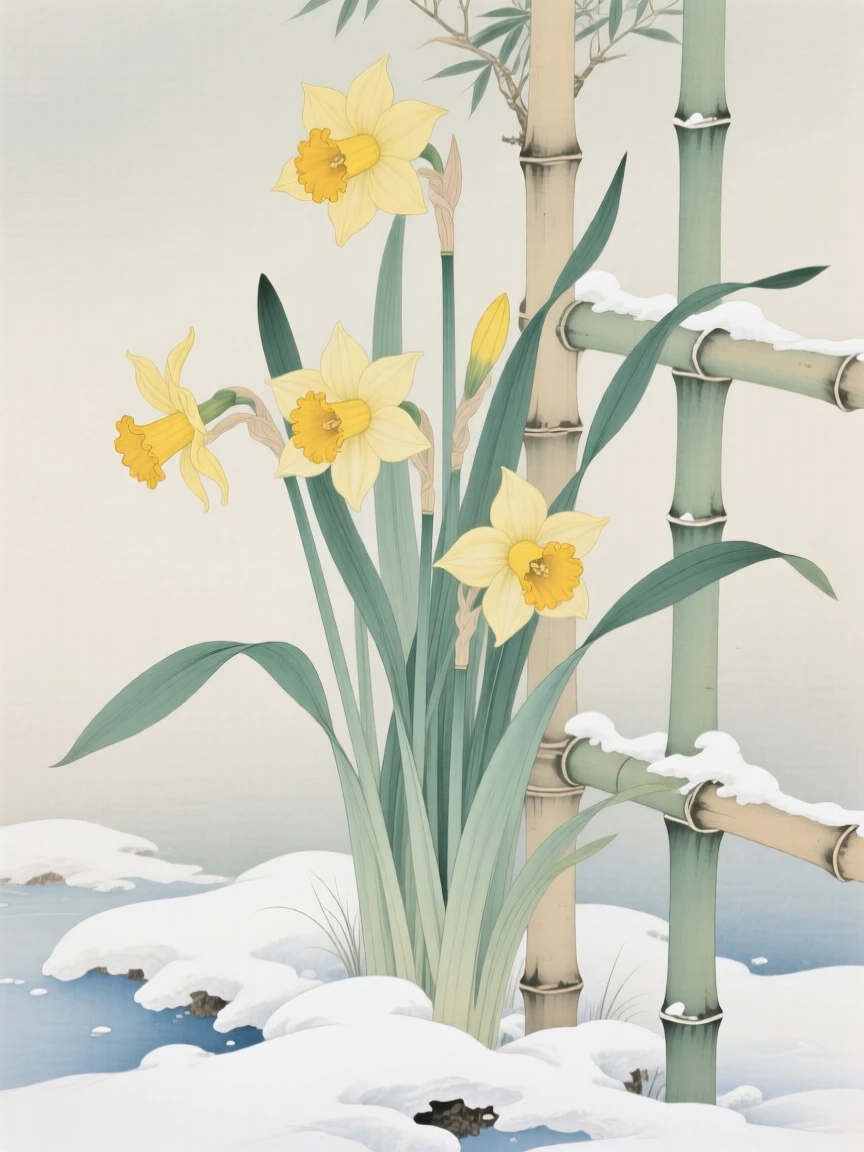 Daffodils pushing up through late winter snow climbing a bamboo trellis in early summer