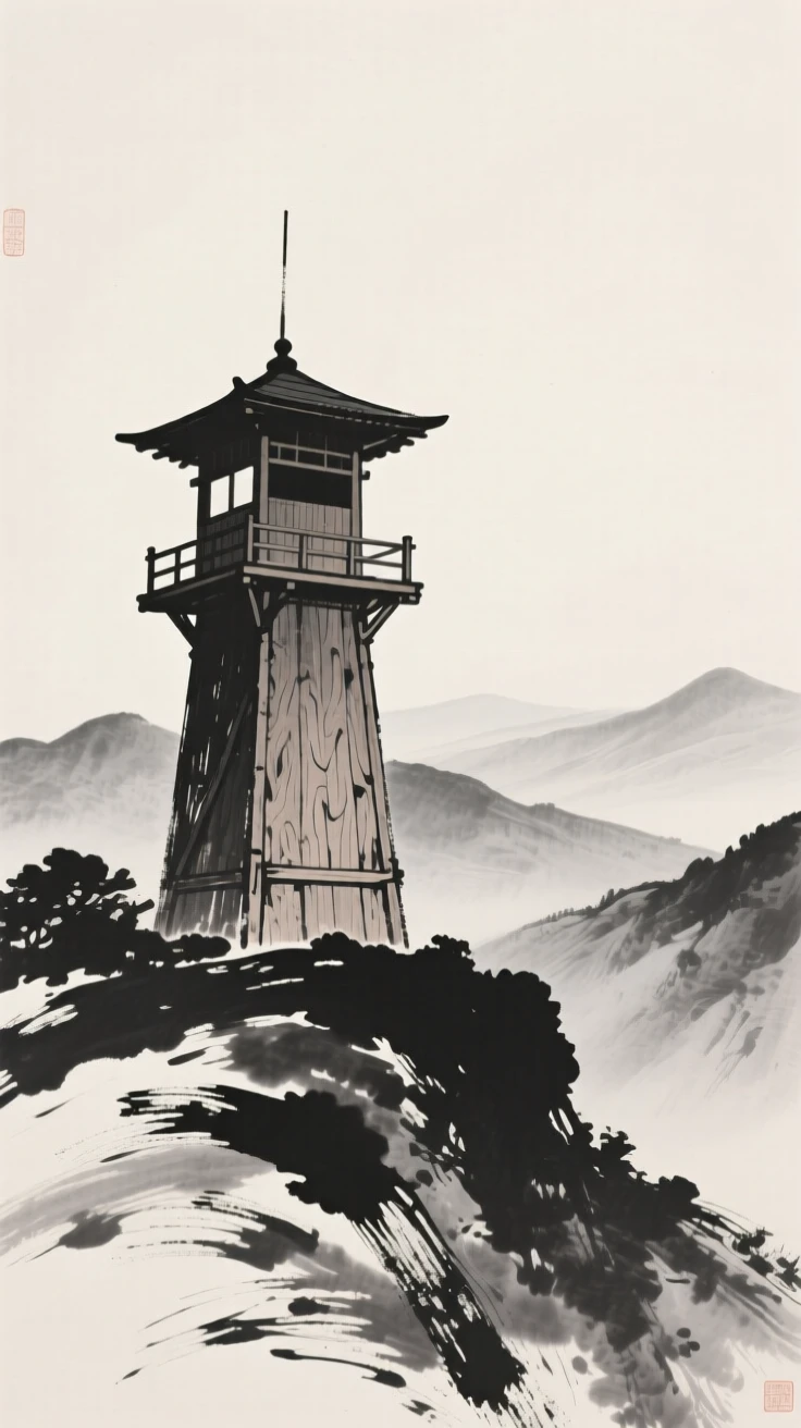 A wooden watchtower overlooking a valley against a backdrop of distant mountains, viewed from below to emphasize its quiet grandeur, carrying a sense of sacred stillness.