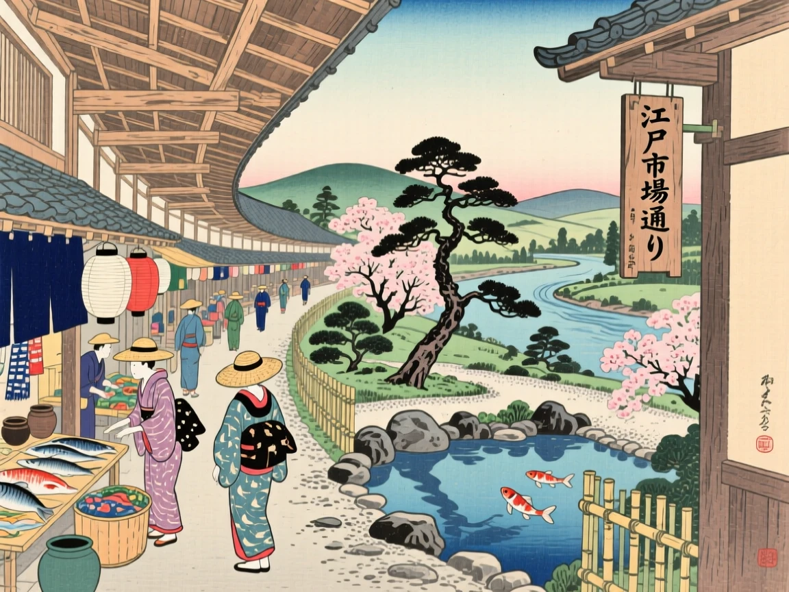 A covered wooden market street with manicured gardens and reflecting pools.