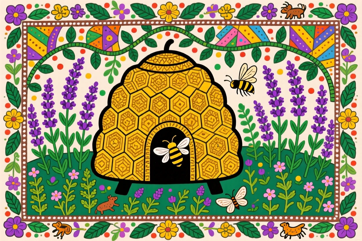 A beehive humming quietly beside a garden of lavender and thyme.