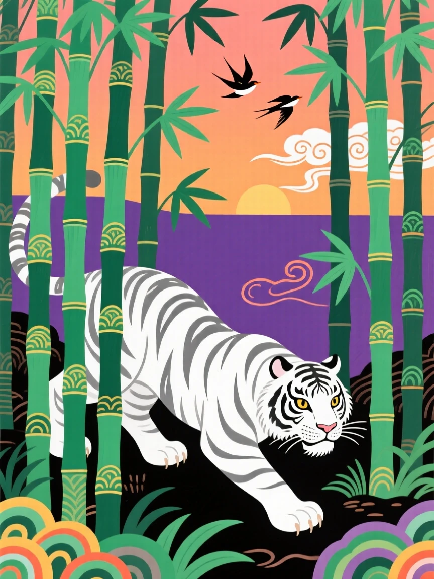 A white tiger prowling silently through a bamboo forest at dusk.