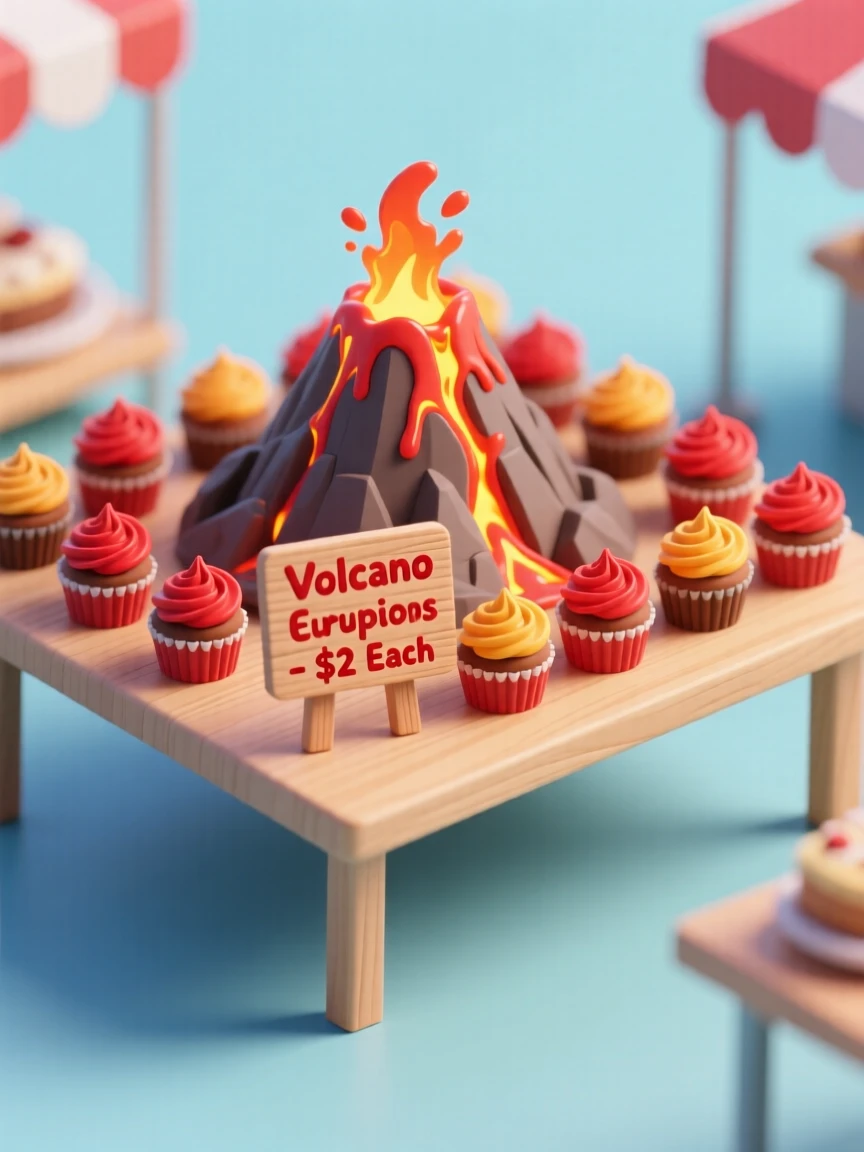 A model volcano bake sale table at a school fair, cupcakes decorated like tiny eruptions lined up for sale.