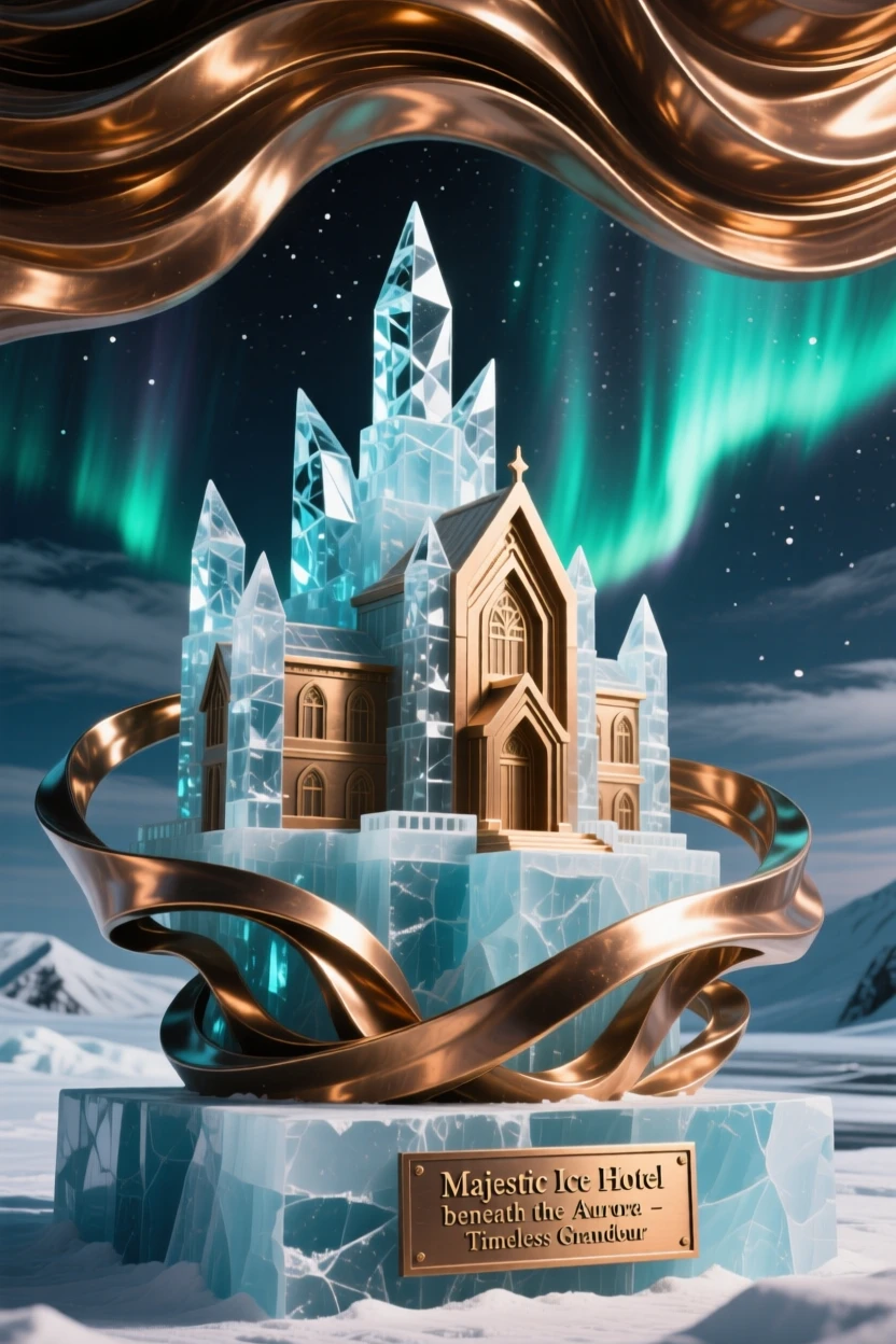 A majestic ice hotel glittering beneath the aurora, framed by a dramatic sky, exuding timeless grandeur