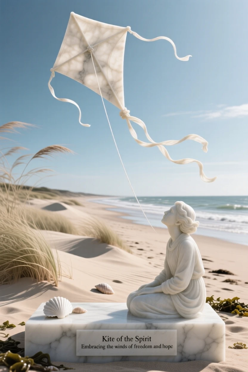 A vivid, emotionally rich scene of a kite flying high above a windswept beach, surrounded by soft, glowing light, designed to captivate and inspire