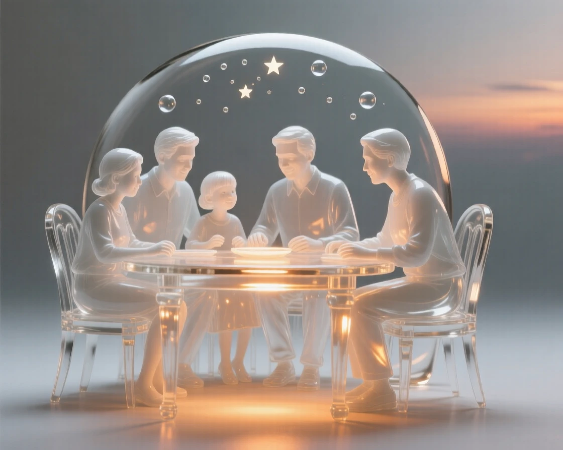 A family gathered together around a warmly lit table as the first stars begin to appear overhead