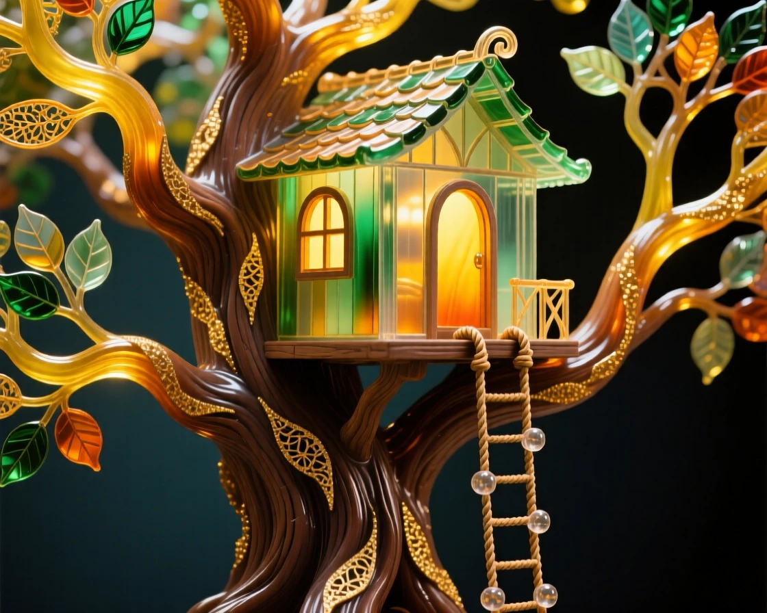 A grand ancient tree with a treehouse nestled among its glowing branches, whimsical and cozy.