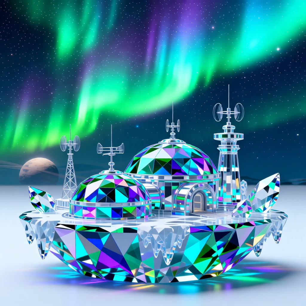 A futuristic ice research base glowing beneath the aurora on a distant icy exoplanet.