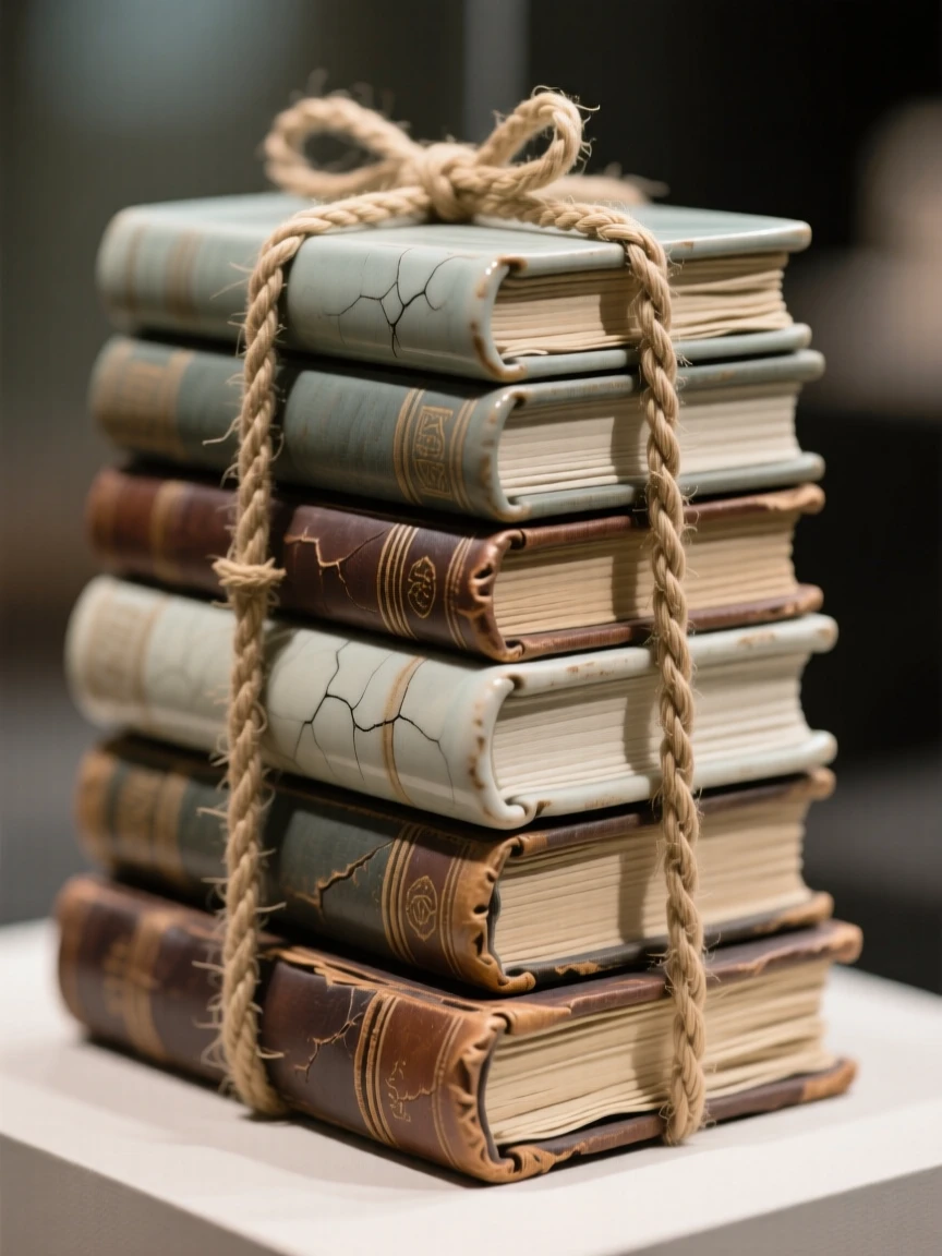 A stack of antique books tied with twine staged with careful, artful precision, set against a softly blurred background, stirring fond memories of simpler times.