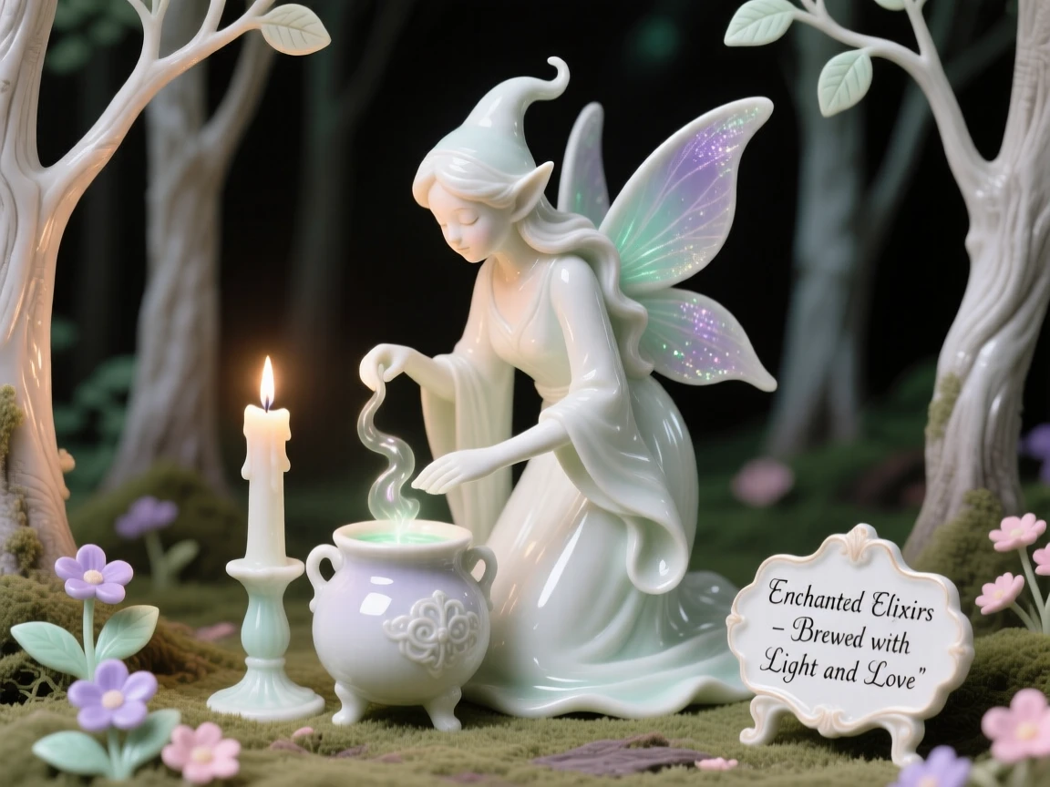 A whimsical scene of a fairy godmother brewing a shimmering potion by candlelight in an enchanted forest clearing.