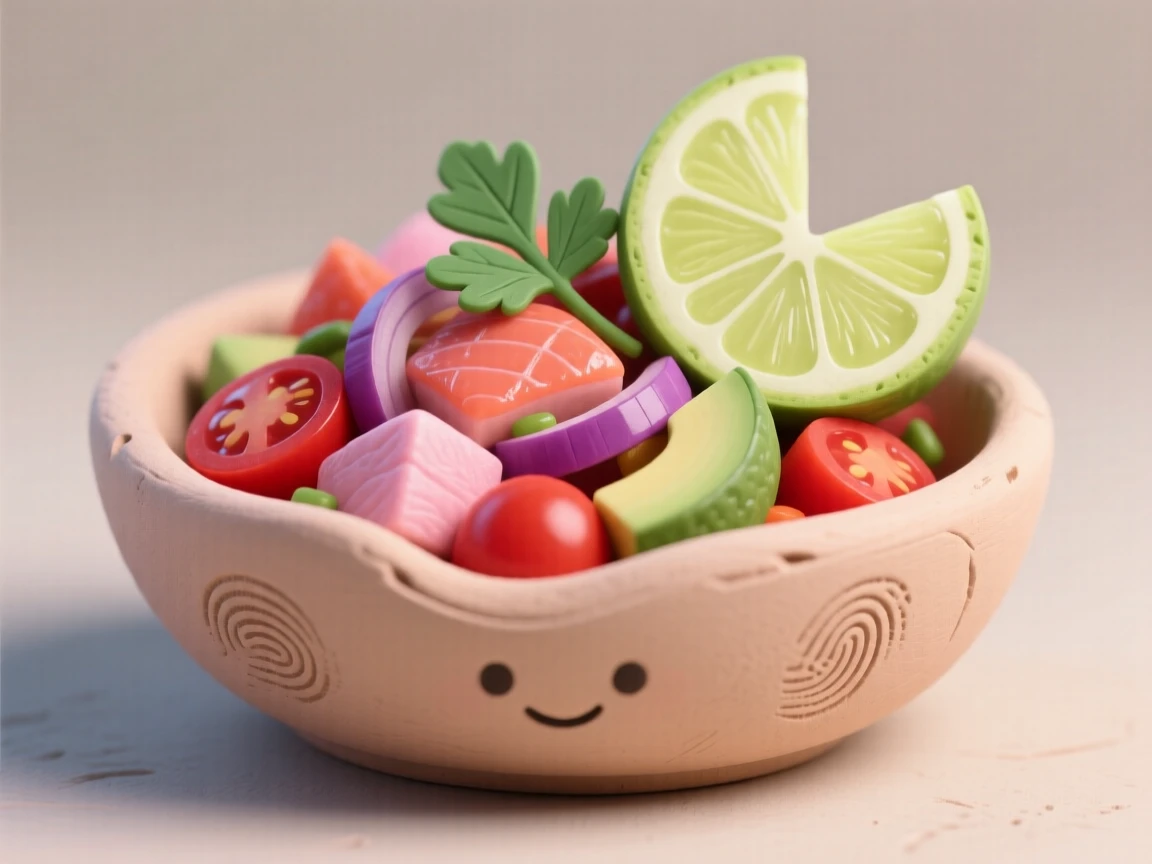 A bowl of vibrant ceviche garnished with fresh lime and cilantro