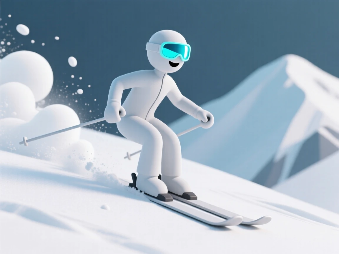 A joyful skier carves fresh powder down a snowy mountain slope, spraying white clouds behind bright goggles.