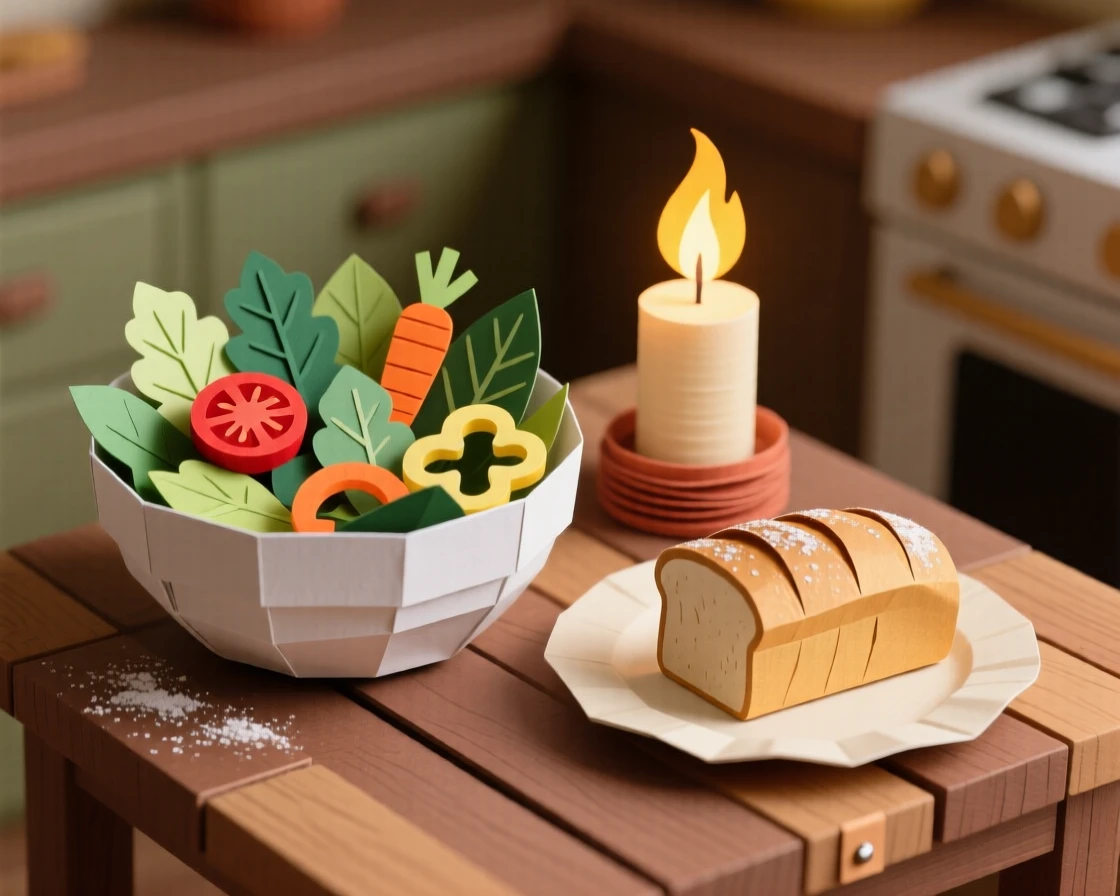A vibrant bowl of fresh salad plated in a cozy candlelit kitchen, with warm bread resting alongside, capturing indulgence and warmth.