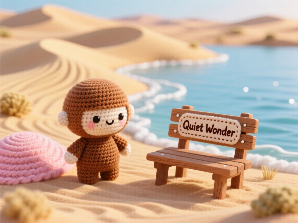 A tranquil view of a small desert dune field at sunset, rippled by the wind, glowing warm gold and pink, beside a peaceful stretch of open water, with a single wooden bench resting nearby, evoking quiet wonder at the wild world.