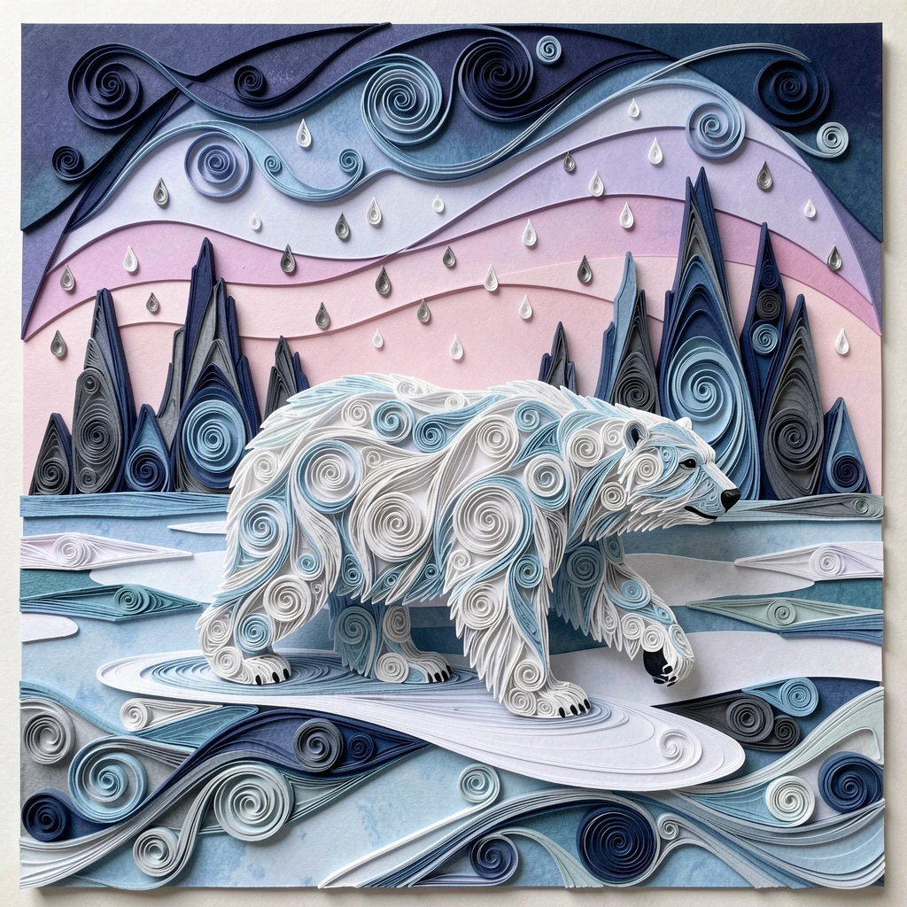 A striking wildlife scene of a polar bear walking across a vast icy landscape beneath tall shadowy silhouettes in the distance, surrounded by softly falling snow, framed in a dramatic silhouette against the sky.