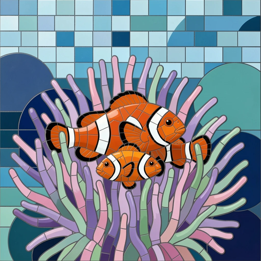 A colorful clownfish family nestled among sea anemones.
