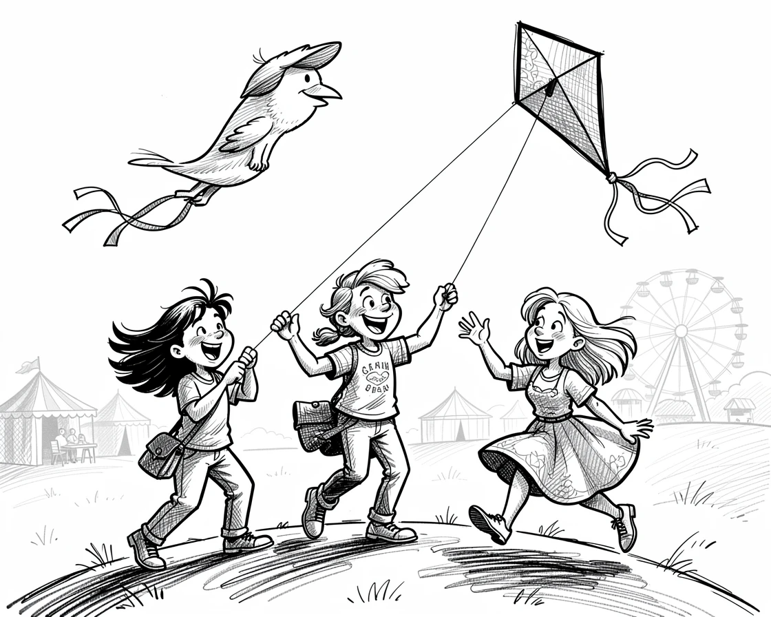 A family flying a kite together on a windy hill at a small-town county fair.