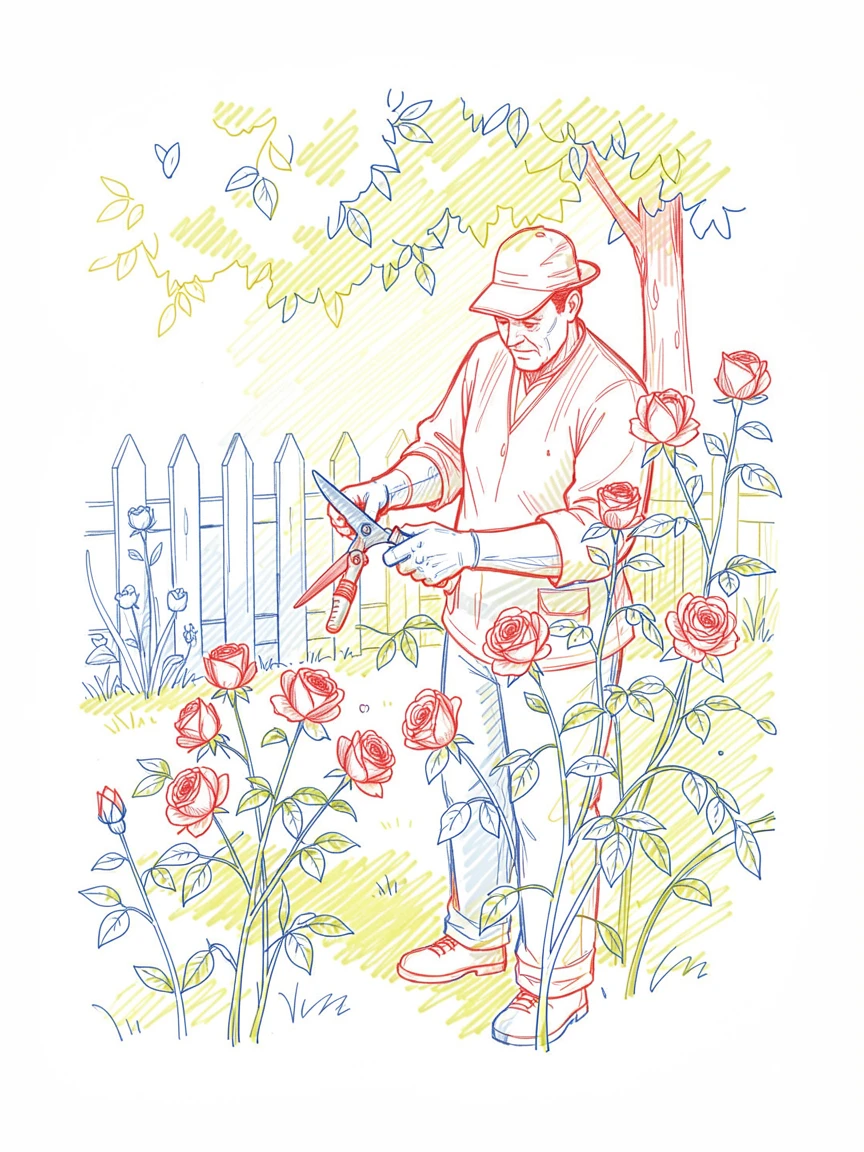 A gardener pruning rose bushes in a sun-dappled backyard garden