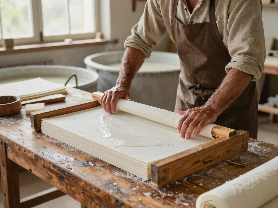 A traditional papermaker pressing pulp into fresh sheets