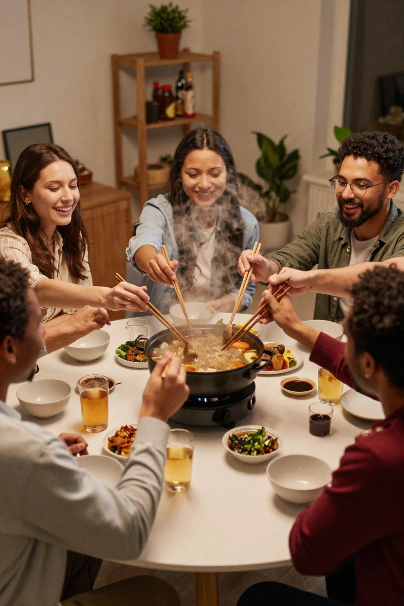A group shares a hot pot meal, everyone reaching in with chopsticks at once.