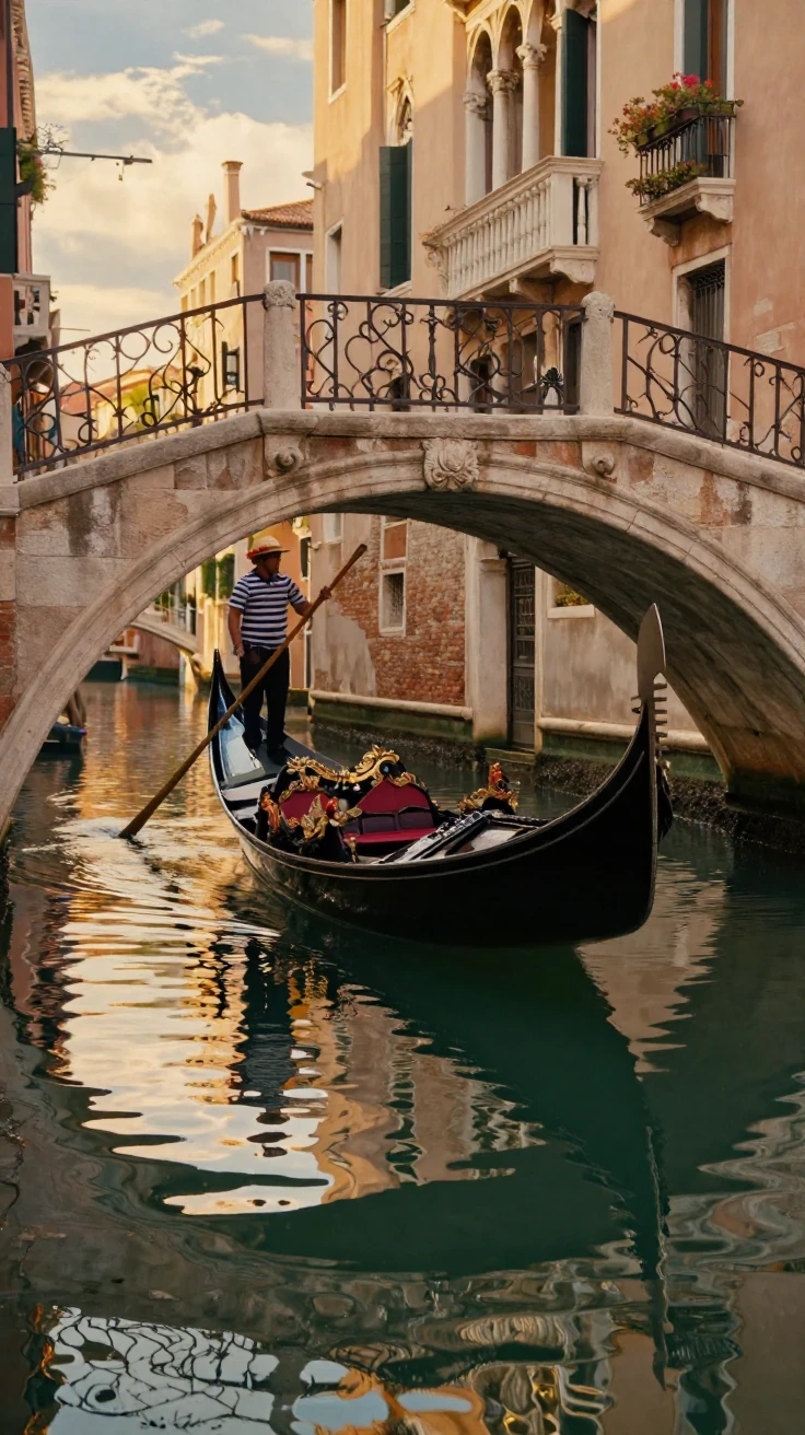 A gondola gliding beneath an ornate stone bridge in the canals of Venice