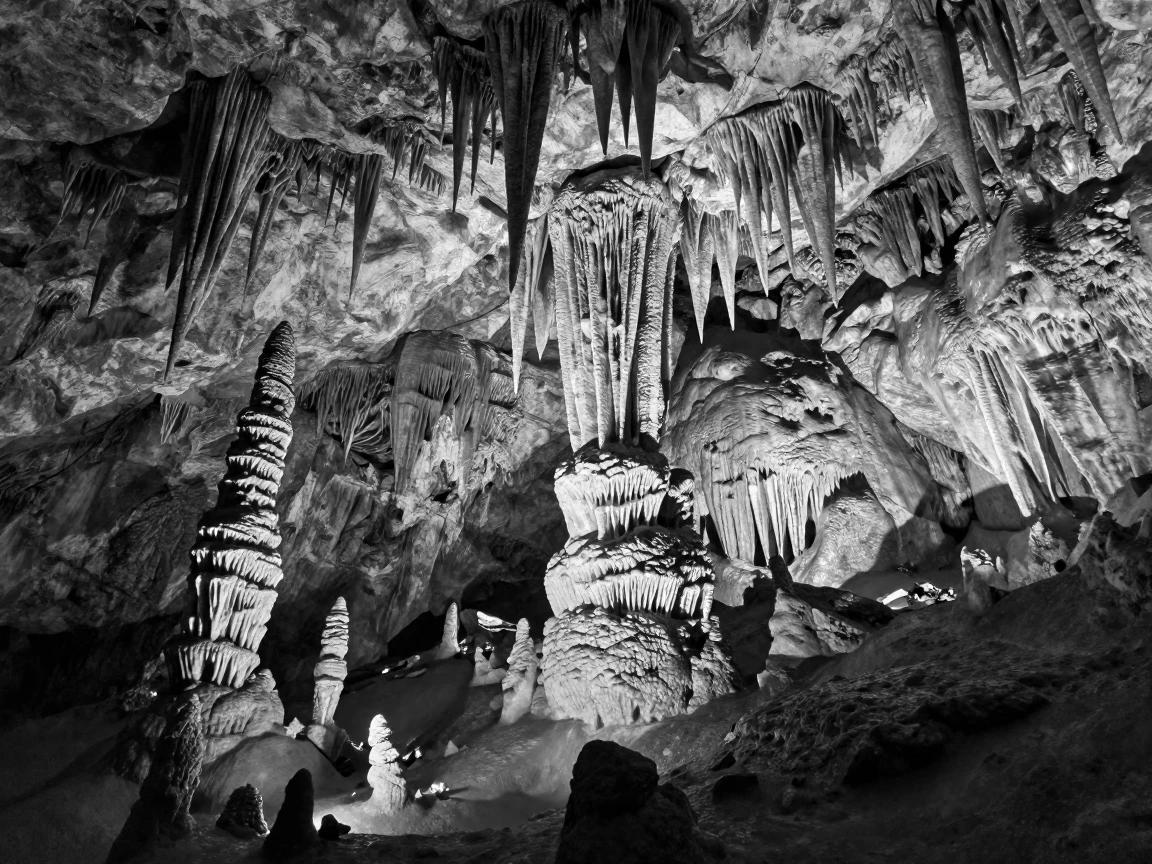 A limestone cave chamber drips with stalactites from the ceiling within an ancient underground cavern.
