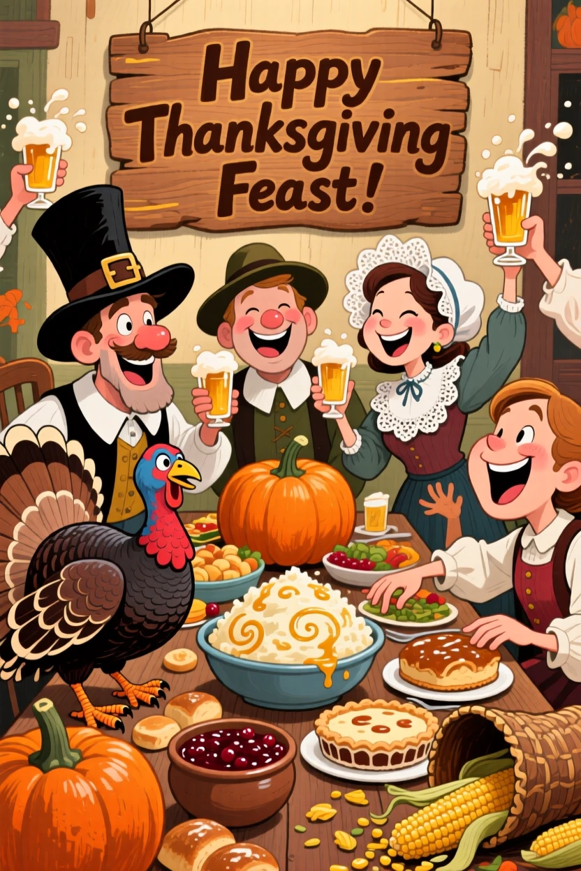 A group celebrating Thanksgiving in traditional pilgrim-inspired attire around a bountiful table.