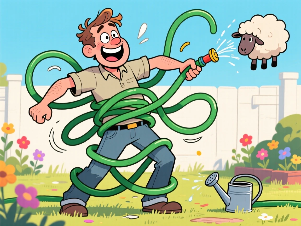 A funny expressive moment showing a man getting tangled up in a garden hose, with a sheepish grin afterward.