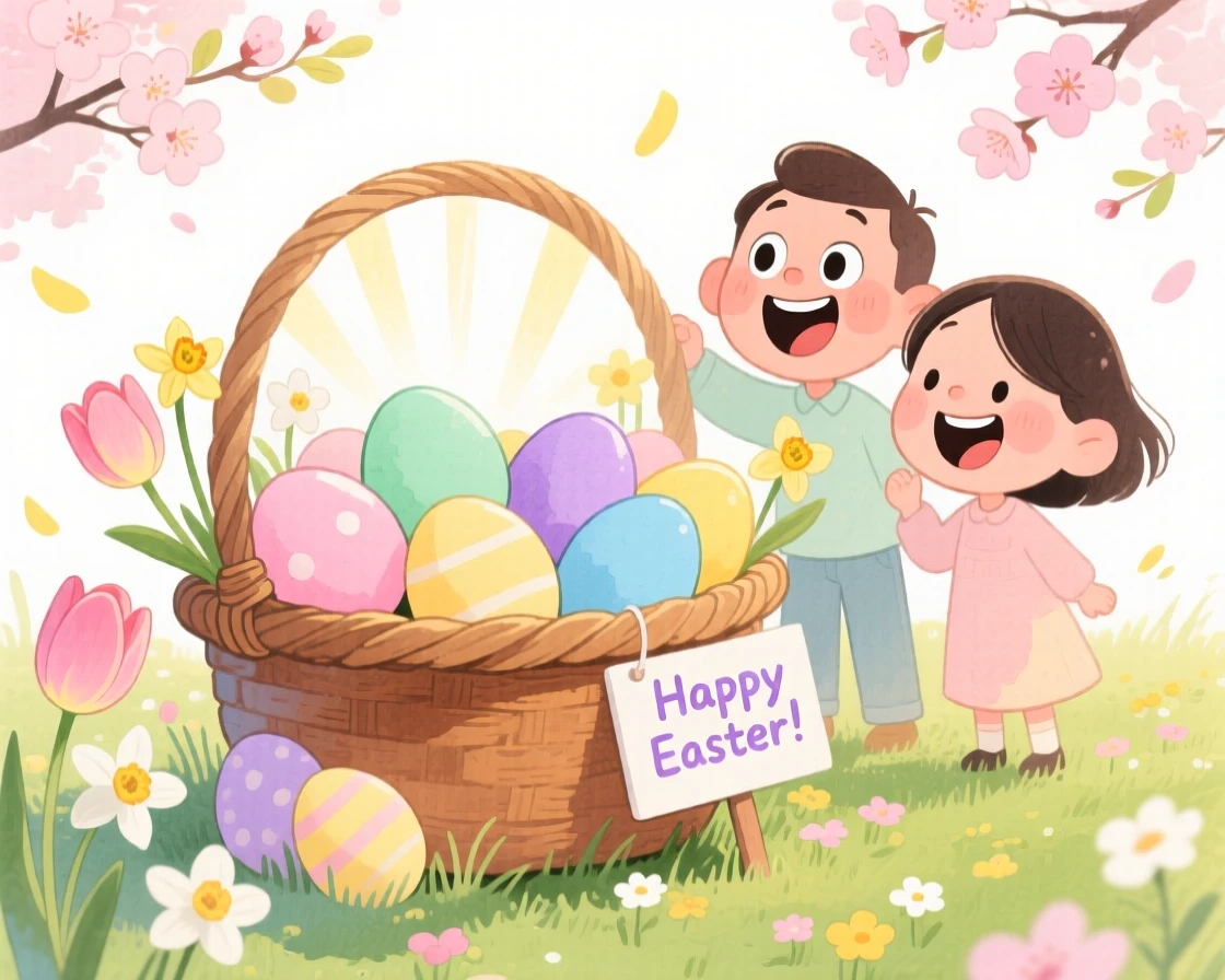 A joyful celebration scene of an Easter basket filled with pastel eggs in a spring garden, glowing with soft festive light